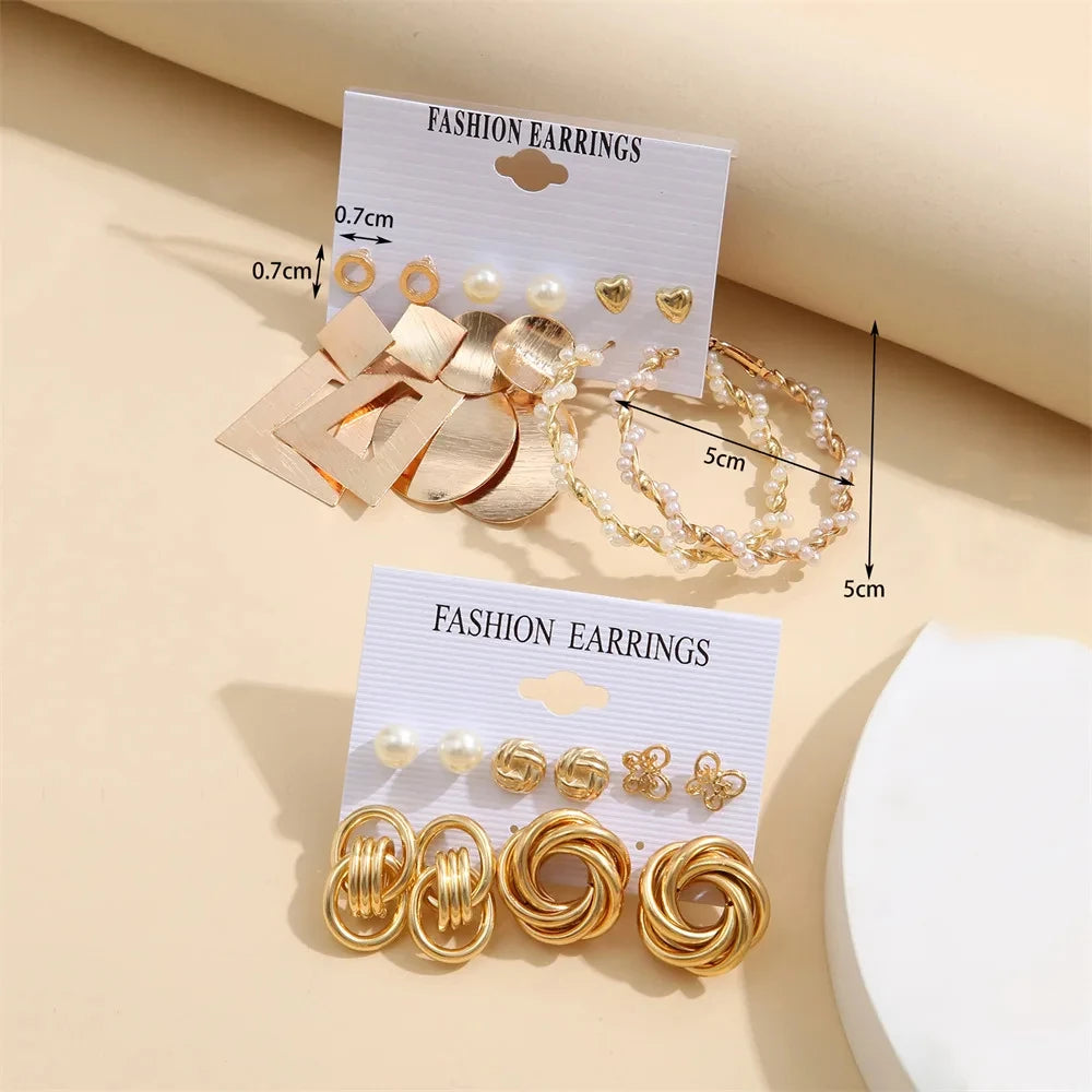 2Sets/Pack Gold Color Metal Twist Pearl Hoop Earrings
