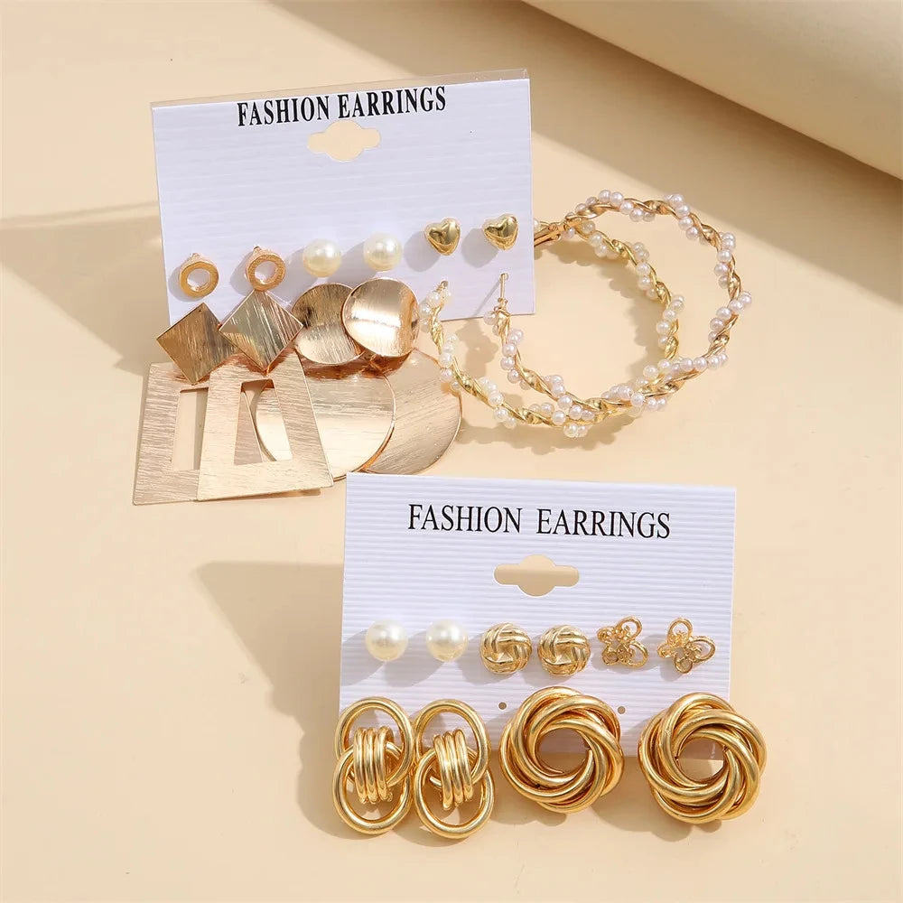 2Sets/Pack Gold Color Metal Twist Pearl Hoop Earrings