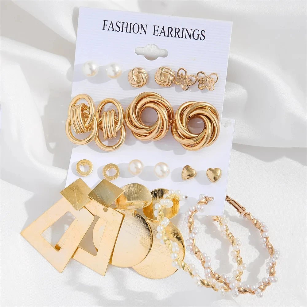 2Sets/Pack Gold Color Metal Twist Pearl Hoop Earrings