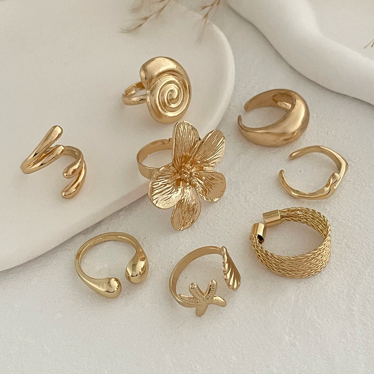 8Pcs/Set Vintage Metal Petal Flower Water Drop Open Rings