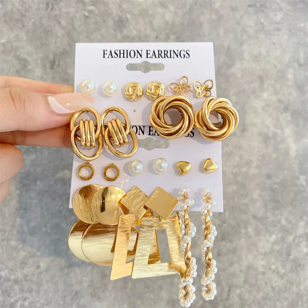 2Sets/Pack Gold Color Metal Twist Pearl Hoop Earrings